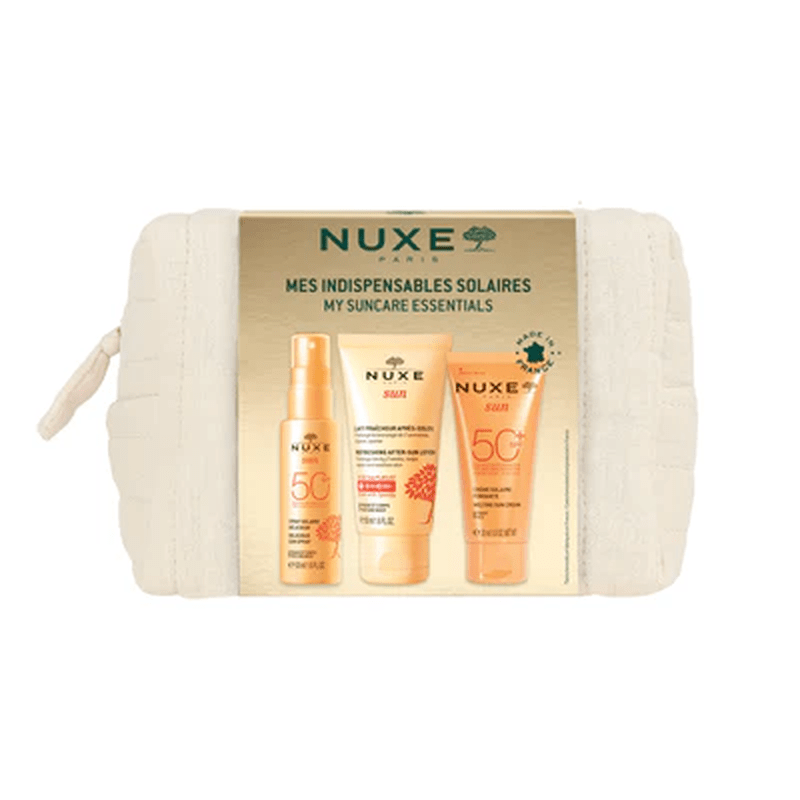 Nuxe Mes Indispensables Solaires,nuxe solaire,nuxe trousse solaires,Trousse solaire Nuxe,Crème solaire visage SPF50+,Spray solaire corps SPF50,Lait après-soleil Nuxe,Protection solaire haute,Soin solaire Nuxe Sun,Trousse voyage solaire,Soins solaires résistants à l’eau,Parfum monoï Nuxe