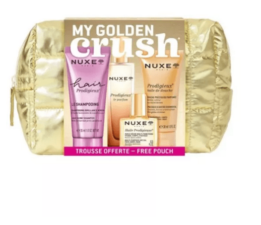 Nuxe,cosmétique,soins beauté,lotion corps,crème hydratante,produits de beauté en ligne,trousse beauté,acheter Nuxe Prodigieux,acheter trousse Nuxe en ligne,Nuxe My Golden Crush,coffret beauté Nuxe,trousse soin corps et visage,cadeau femme,idée cadeau,cadeau noel