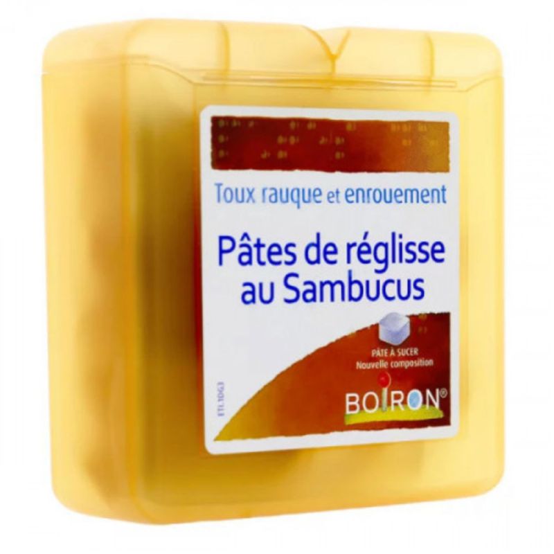 enrouement,toux rauque,boiron,pâte à sucer,homéopathique,réglisse,sambucus