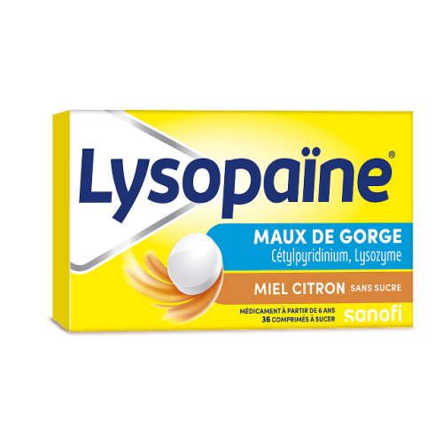 lysopaïne cétylpyridinium lysozyme,miel citron,irritation gorge,antiseptique gorge,adulte enfant,pastilles mal de gorge,sans sucre