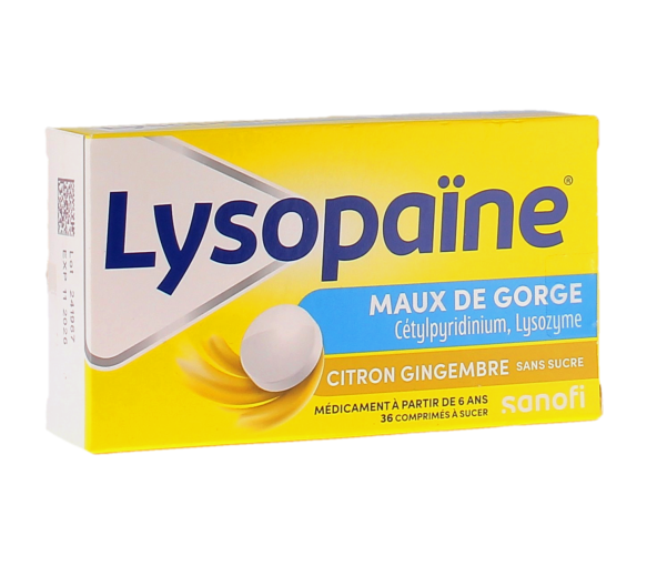 pastilles mal de gorge,sans sucre,lysopaïne saccharine,irritation gorge,traitement mal de gorge,cétylpyridinium lysozyme,antiseptique gorge,adulte enfant 6 ans,citron gingembre