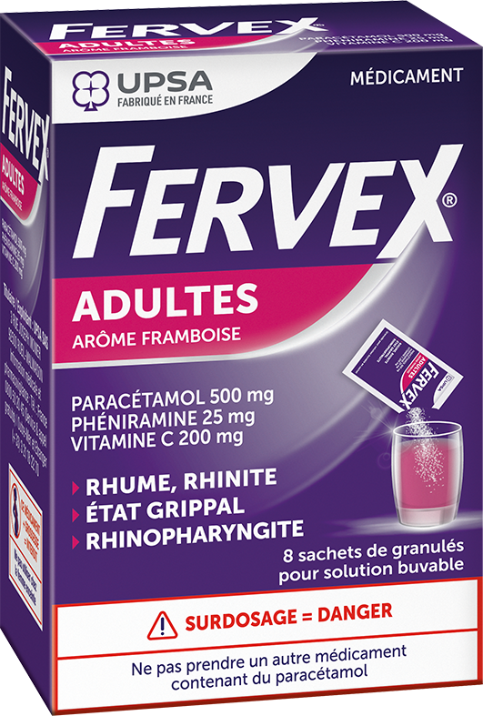 fervex goût framboise,état grippal,rhume,nez qui coule,vitamine c,fièvre,éternuements,rhinopharyngite,maux de tête