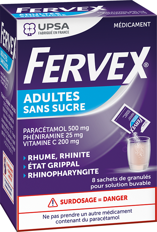 fervex adultes sachet,rhume nez qui coule,état grippal,paracétamol vitamine c phéniramine,fièvre,maux de tête,rhinopharyngite,éternuements