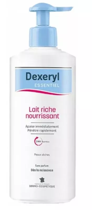 dexeryl lait riche nourrissant,lait corps nourrissant,peaux sèches,hydratation intense 24h,soin visage et corps,peau sensible