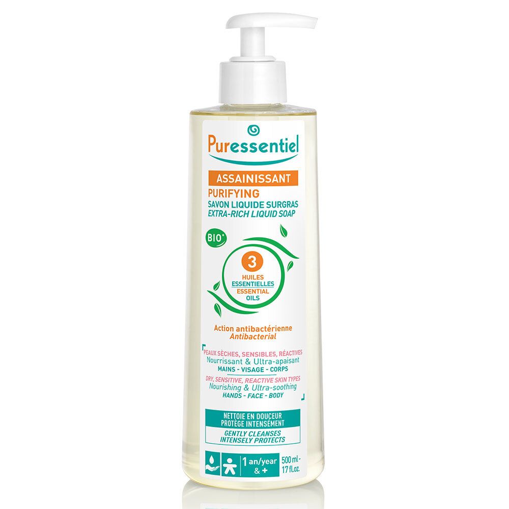 Puressentiel Savon Liquide Surgras,peaux sensibles,visage corps,savon aux huiles essentielles bio,hydratant,peau sèche,sans alcool,sans paraben
