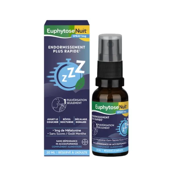Euphytose Nuit Spray 1mg,spray mélatonine,mélatonine 1 mg,aide à l'endormissement,endormissement rapide,sommeil de qualité,troubles du sommeil