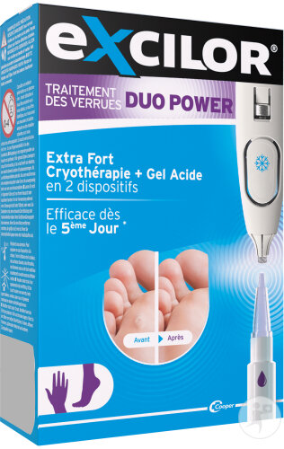 Excilor Duo Power,traitement verrues,traitement verrues mains/pieds,verrue vulgaire,verrue plantaire,gel acide verrues,cryothérapie verrues