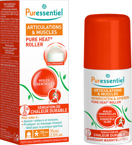 Puressentiel Roller Articulations & Muscles,pure heat,roll-on articulations et muscles,huiles essentielles,tensions musculaires,confort articulaire,massage ciblé,courbatures,raideurs musculaires,auto-massage,chauffant