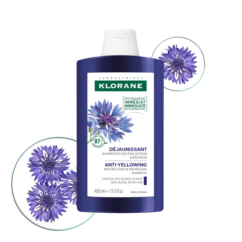 Klorane shampoing déjaunissant,anti-jaunissement,cheveux blancs/gris/blonds,shampoing reflets jaunes,shampoing raviveur d’éclat